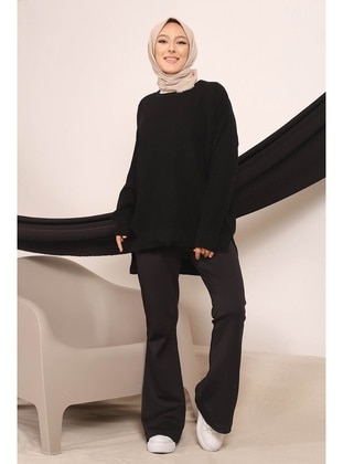 Black Women's Modest Crew-Neck Slits Front Short Back Long Hijab Sweater Tunic
