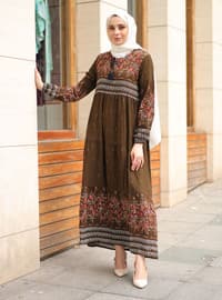 Brown - Floral - Crew neck - Unlined - Modest Dress