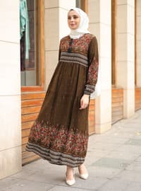 Brown - Floral - Crew neck - Unlined - Modest Dress