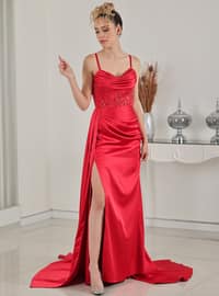 Red - Unlined - Modest Evening Dress