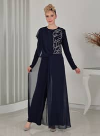 Navy Blue - Fully Lined - Crew neck - Jumpsuit