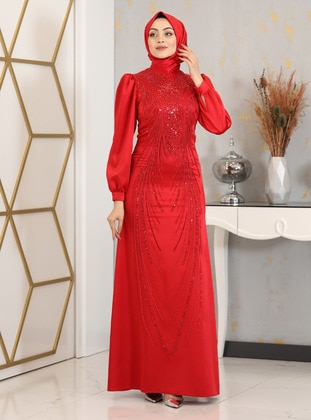 Red - Fully Lined - Crew neck - Modest Evening Dress - Piennar