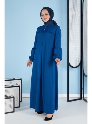 A Pile Ruffle Detailed Modest Dress 3091 Blue