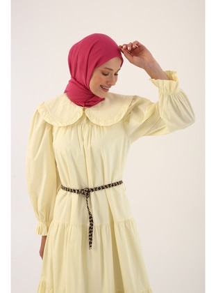 Yellow - Round Collar - Modest Dress - ALLDAY