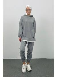 Text Hooded Basic Oversize Grey Top And Bottom Tracksuit Set Grey