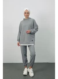 Text Hooded Basic Oversize Grey Top And Bottom Tracksuit Set Grey