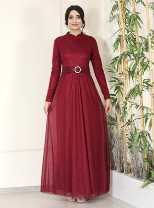 Burgundy - Fully Lined - Crew neck - Modest Evening Dress - Semra Aydın