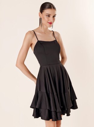 Fully Lined - Black - V neck Collar - Evening Dresses - By Saygı