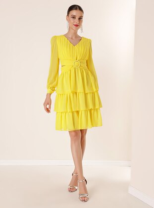 Yellow - V neck Collar - Evening Dresses - By Saygı