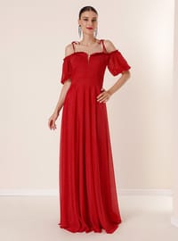 Pleated Sleeve Evening Dress Red