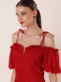 Pleated Sleeve Evening Dress Red