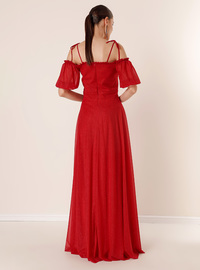 Pleated Sleeve Evening Dress Red