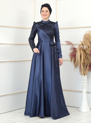 Navy Blue - Fully Lined - Dog collar - Modest Evening Dress - Burak Baran Fashion