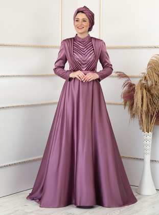 Purple - Fully Lined - Dog collar - Modest Evening Dress - Burak Baran Fashion