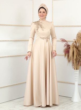 Stone Color - Fully Lined - Dog collar - Modest Evening Dress - Burak Baran Fashion