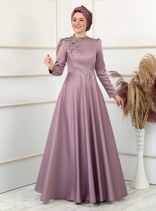 Lilac - Fully Lined - Dog collar - Modest Evening Dress - Burak Baran Fashion
