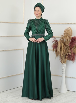 Green - Fully Lined - Dog collar - Modest Evening Dress - Burak Baran Fashion