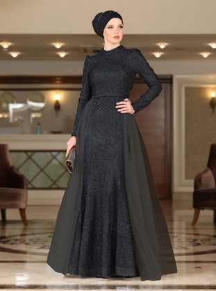 Black - Fully Lined - Crew neck - Modest Evening Dress - Ahunisa