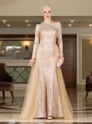 Gold color - Fully Lined - Crew neck - Modest Evening Dress - Ahunisa