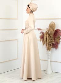 Stone Color - Fully Lined - Dog collar - Modest Evening Dress