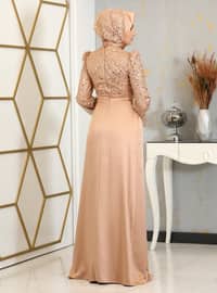 Gold color - Fully Lined - Crew neck - Modest Evening Dress