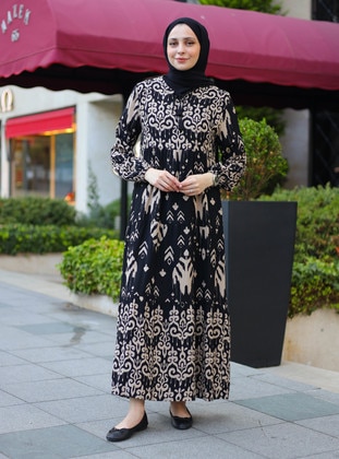 Black - Multi - Unlined - Modest Dress - ZENANE