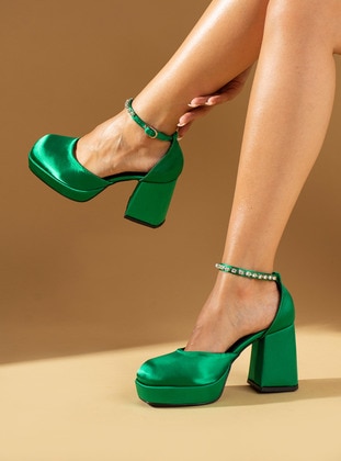 Green - High Heel - Faux Leather - Heels - Pembe Potin
