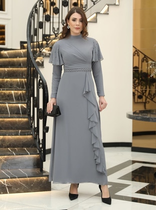 Grey - Fully Lined - Crew neck - Modest Evening Dress - Elben Moda