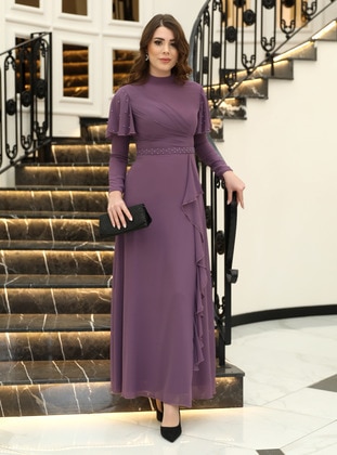 Lilac - Fully Lined - Crew neck - Modest Evening Dress - Elben Moda