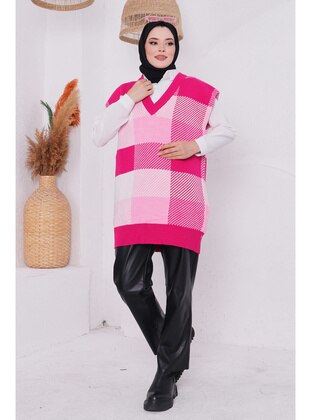 Fuchsia Women's Modest V-Neck Patterned Hijab Sweater