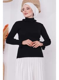 Women's Black Women's Turtleneck Collar Sleeve Ruffle Detailed Sweater Sweater