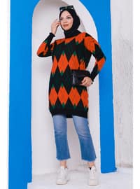 Black Women's Modest Collar Sleeve Ruffle Detailed Patterned Hijab Sweater Tunic
