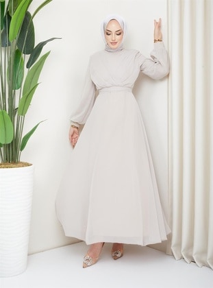 Beige - Modest Evening Dress - Hakimoda