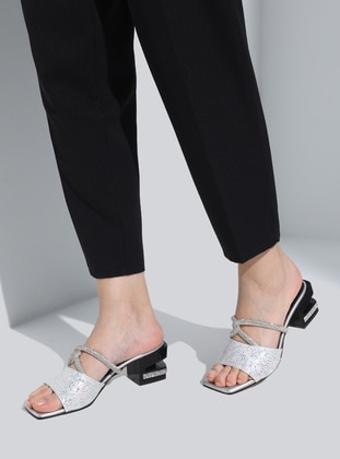 Silver color - Heeled Slippers - Slippers - Dilipapuç