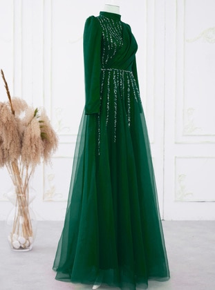 Emerald - Fully Lined - Dog collar - Modest Evening Dress - Aslan Polat