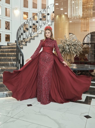 Red - Fully Lined - Dog collar - Modest Evening Dress - Aslan Polat
