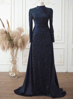 Navy Blue - Fully Lined - Dog collar - Modest Evening Dress - Aslan Polat