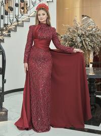 Red - Fully Lined - Dog collar - Modest Evening Dress