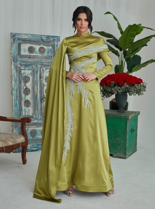 Olive Green - Modest Evening Dress - Gizem Kış