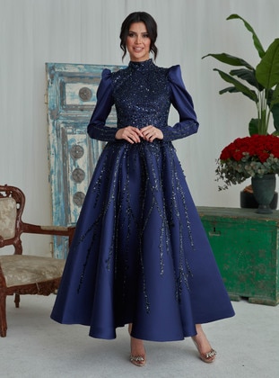 Navy Blue - Modest Evening Dress - Gizem Kış