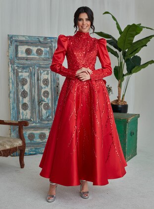 Red - Modest Evening Dress - Gizem Kış