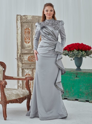 Grey - Modest Evening Dress - Gizem Kış