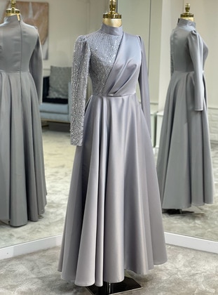 Grey - Unlined - Crew neck - Modest Evening Dress - SomFashion