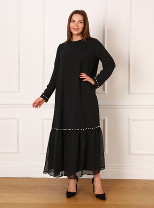 Büyük Beden İnci Detaylı Elbise - Siyah - Alia