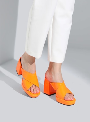 Orange - Heeled Slippers - Slippers - Dilipapuç