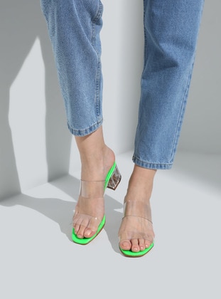 Green - Heeled Slippers - Slippers - Dilipapuç