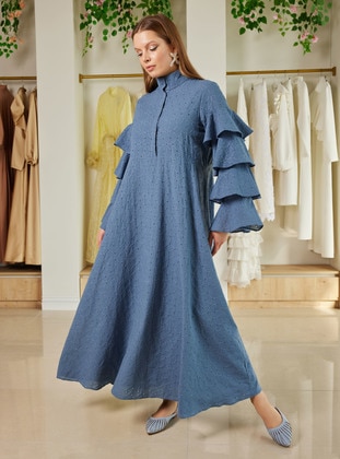 Blue - Crew neck - Fully Lined - Modest Dress - Al Tatari