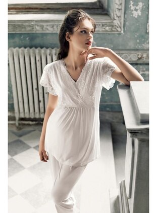 Women's Short Sleeve Stretch Viscose Maternity Pajama Set 13208 Ecru