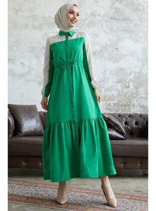 Green - Cuban Collar - Modest Dress - InStyle