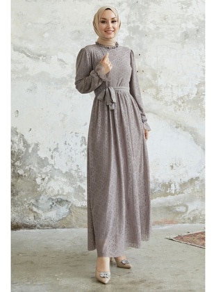Beige - Dog collar - Fully Lined - Modest Dress - InStyle